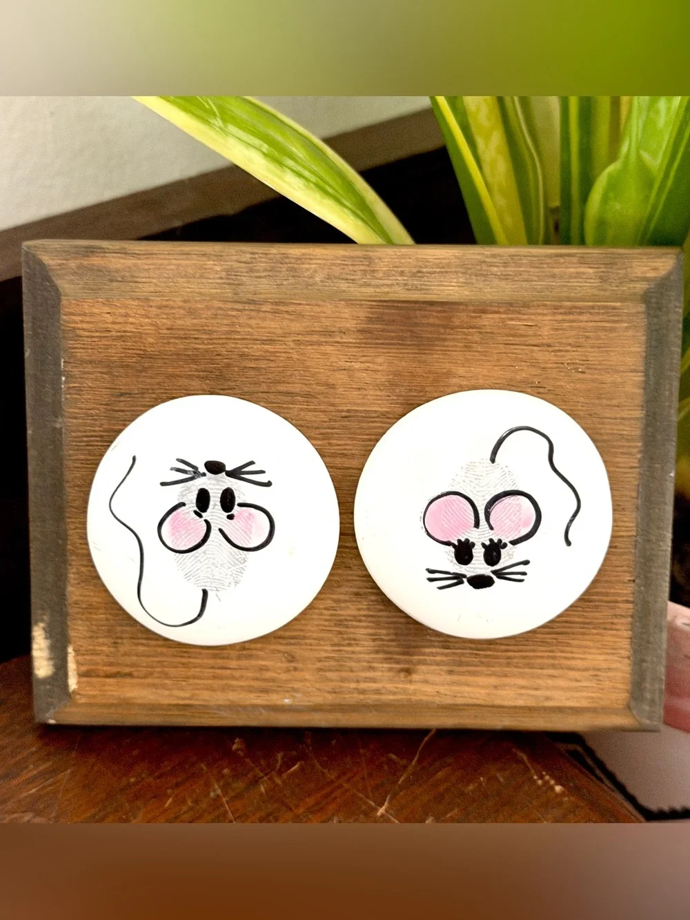 Vintage Mice Thumbprint Mouse Cute Mini Wood Wall Hanging Plaque Handmade 4x3”